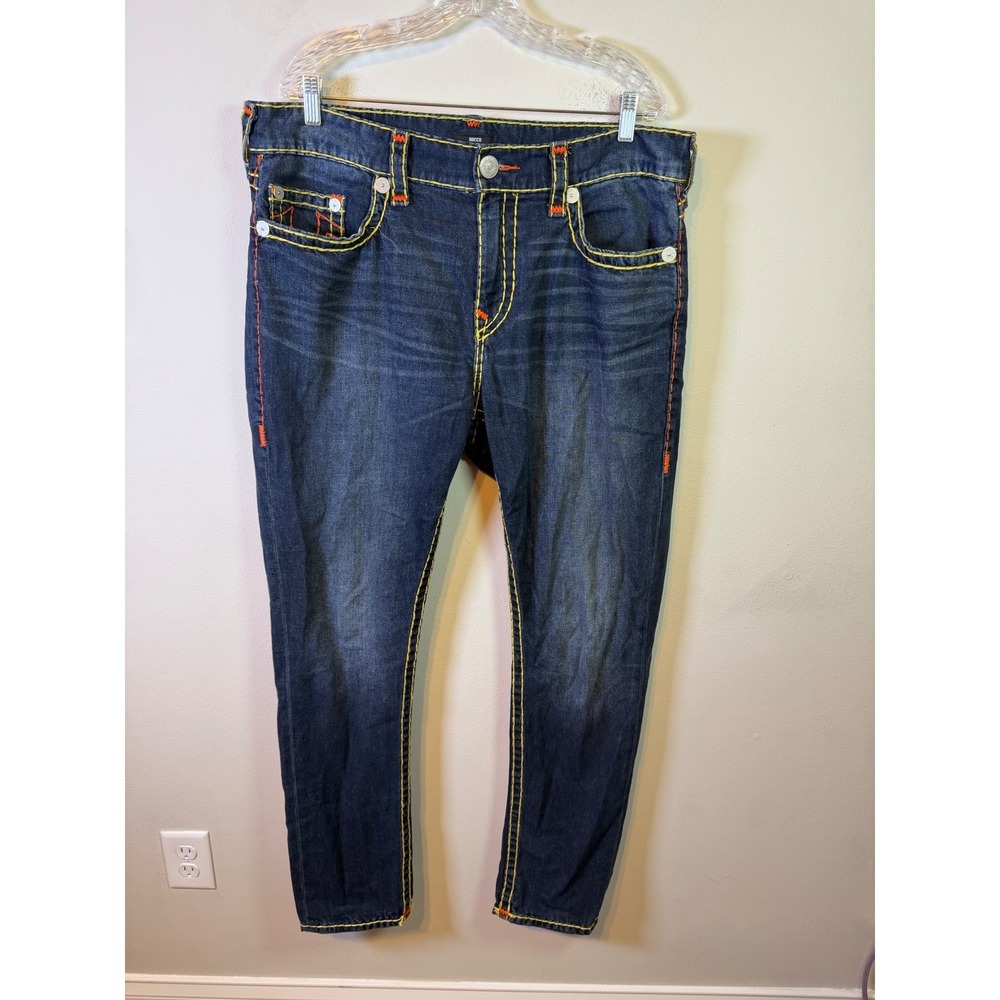 True Religion Mens Rocco Jeans Big T Contrast Stitch Blue Size 36
